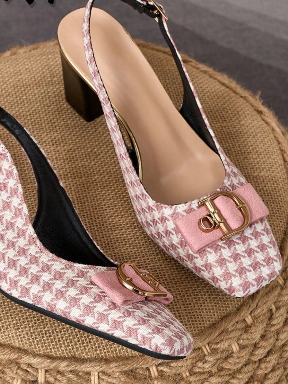 Pink Elegant Women' Soft Chunky houndstooth Heel Pumps - Picture 2 of 8